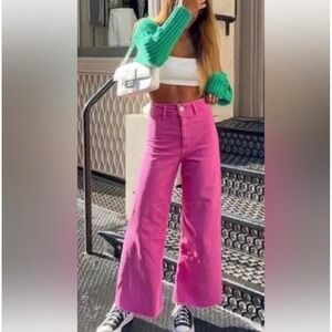 Zara Marine Straight Wide Leg Flare Jeans Size 2 in Hot Pink Raw Hem‎
